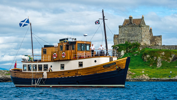 GLEN MASSAN is moored next to Duart Castle, Isle of Mull, Scotland