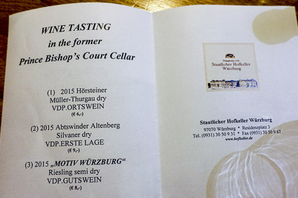 Menu - Wine tasting in the former Prince Bishop's Court Cellar, Würzburg