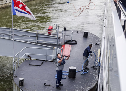 Sailors on KD Rhine Line pontoon in Koblenz