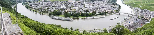 Panoramic view of Bernkastel-Kues and Moselle River from Burg Landshut