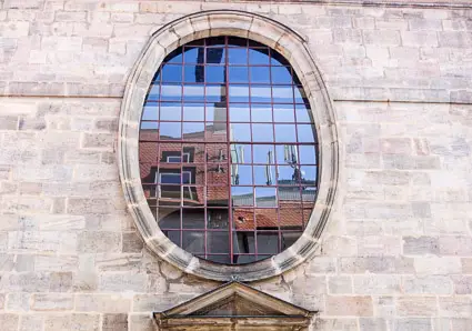 Reflection in window of Huguenot Church, Erlangen