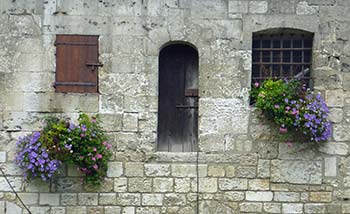 Flowers on medieval building in Caudebec-en-Caux