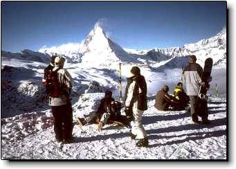 Gornergrat skiers snowboarders Matterhorn Zermatt Switzerland travel photo