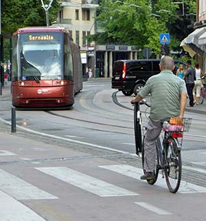 Tram and bicycle in downtown Mestre