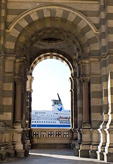 Ferry from porch of Marseille Cathedral