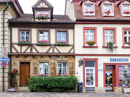 Half-timbered houses and Birkenstock shop in Bamberg