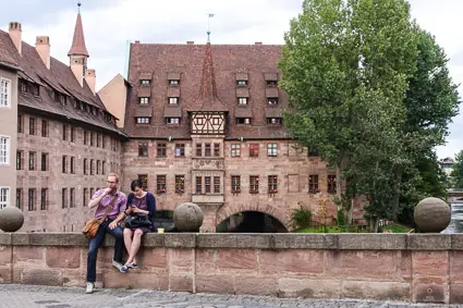 Couple on bridge, downtown Nuremberg