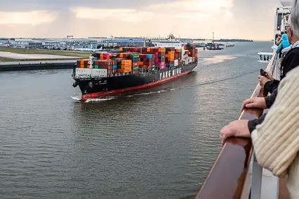 Containership on the Elbe in Hamburg