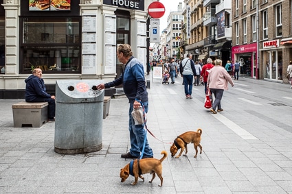 Shopper with two dogs in Blankenberge, Belgium