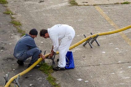Water hose connected to MSC PREZIOSA in Zeebrugge, Belgium
