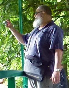 Claude Monet lookalike on Japanese Bridge at Giverny