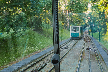 Petrin Funicular car passing other car on tracks