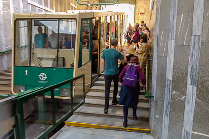 Passengers board the Petřín Funicular, Prague