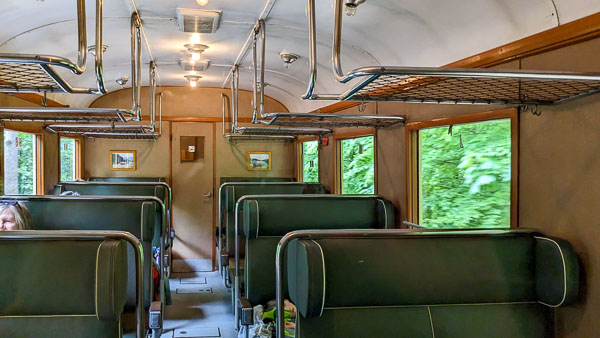 Interior of historic Prague railbus on the Semmering Railway.