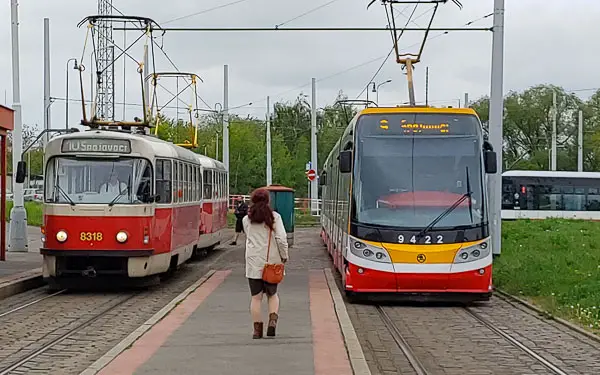 Trams at end of Line 9 in Prague Zličin.