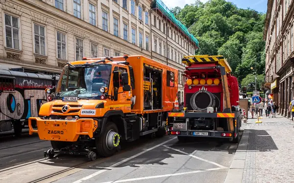 Heavy equipment at Prague tram track replacement site