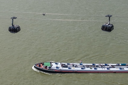 Tanker on Rhine with Koblenz Cable Car gondolas