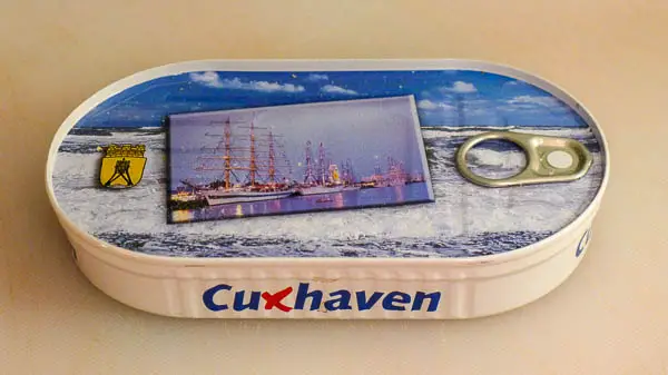 Souvenir can of herring in Cuxhaven, Germany.