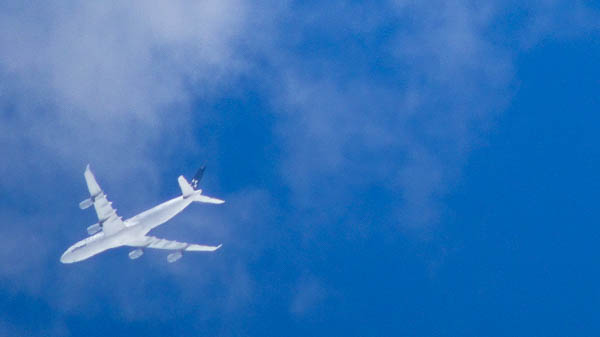 Lufthansa jet above Koblenz, Germany.