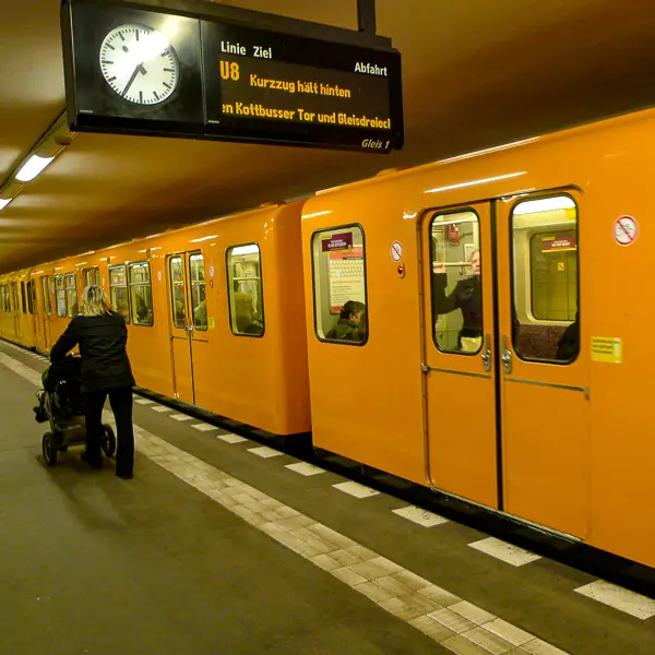 A train arrives at a U-Bahn station in Berliln.