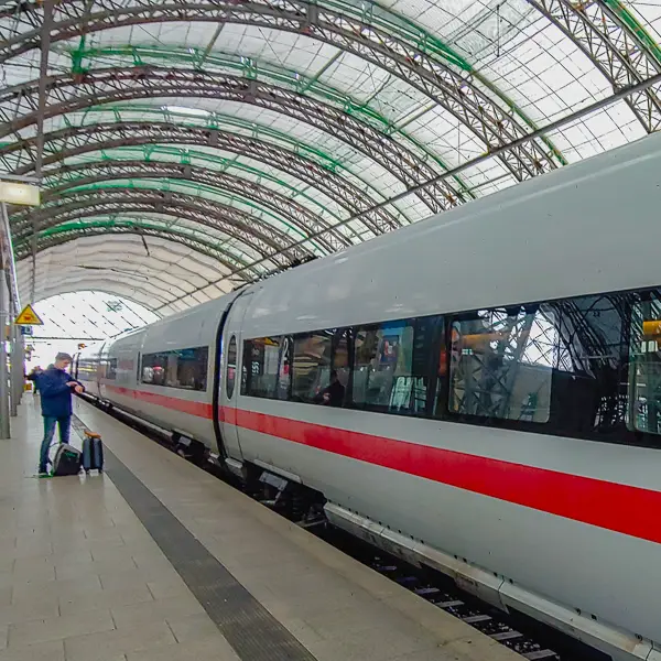 An ICE train of Deutsche Bahn arrives at the Hauptbahnhof in Dresden, Germany.