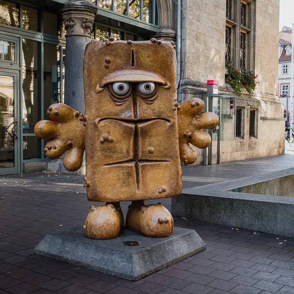 A character from Kika, a German TV channel for children, greets visitors to Erfurt's business district.