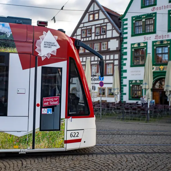 A modern tram passes historic buildings in Erfurt, Germany.