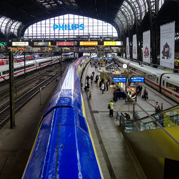 Hamburg's Hauptbahnhof is a busy railroad station, with a constant flow of national, regional, and local trains.