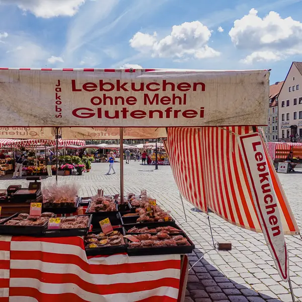 A market stall in Nuremberg sells gluten-free versions of traditional Lebkuchen cookies and cakes.