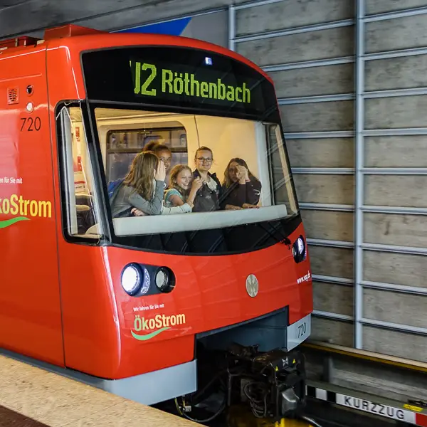 Children enjoy the view from a U-Bahn car in Nuremberg.