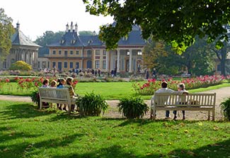 Park benches facing the Pleasure Garden at Pillnitz