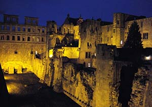 Floodlit Heidelberg Castle at night