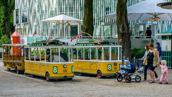 Mini-trams in Copenhagen's Tivoli.