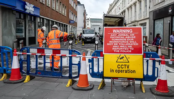 Construction zone and sign in Southampton, England.