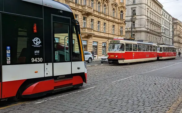 Old and new trams in Prague, Czech Republic.