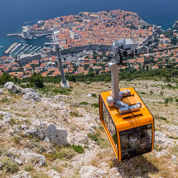 The Dubrovnik Cable Car ascends from the city below. (This photo was taken from the upper station.)