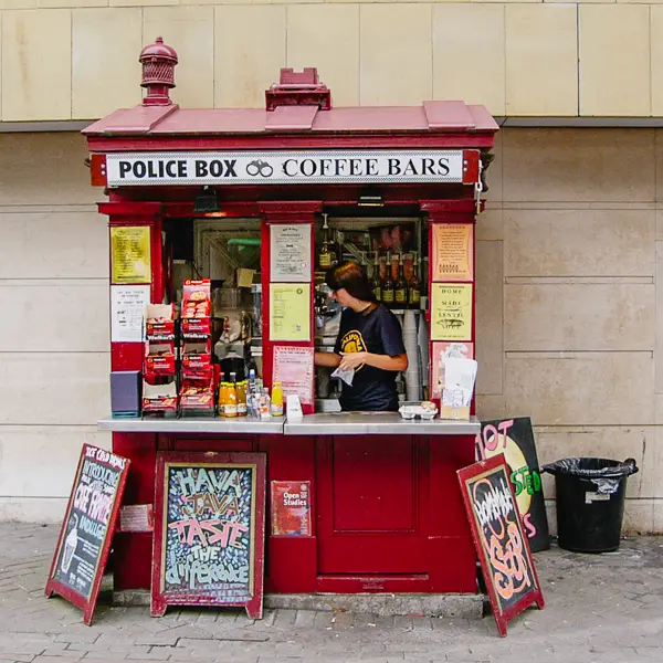A former police box in Edinburgh is reincarnated as a coffee bar.