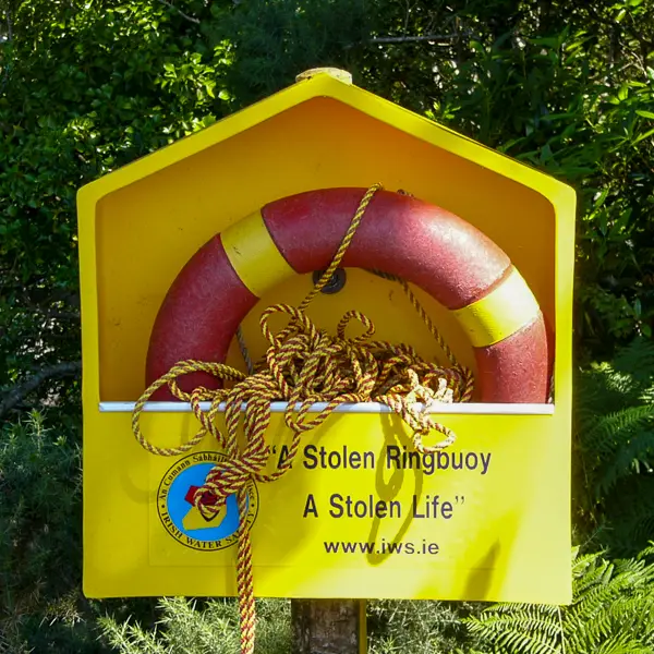 A life preserver in Glengarriff, Ireland comes with a warning.