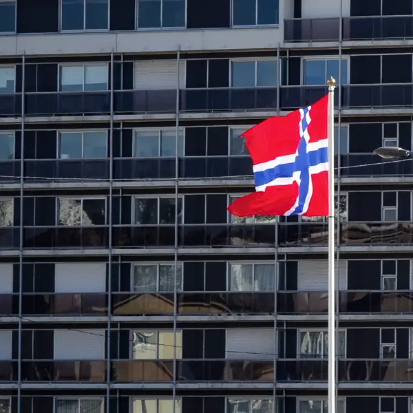 The Norwegian flag flies over the waterfront in Le Havre, France.