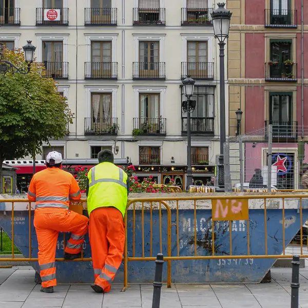 Workers take a break in central Madrid.