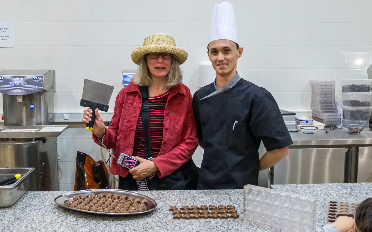 Cheryl Imboden and chocolatier at Choco-Story Paris.