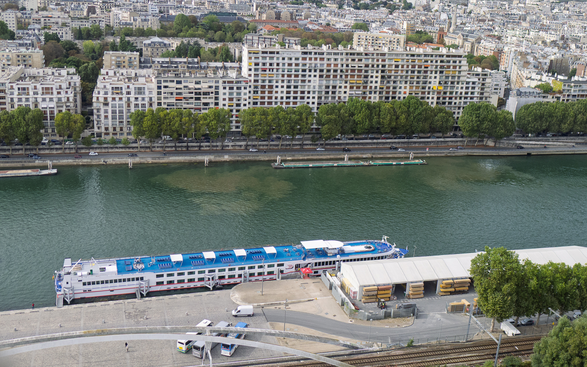 A river vessel spends a day in the Port de Javel Bas during a seven-night cruise from Paris to Normandy and back.