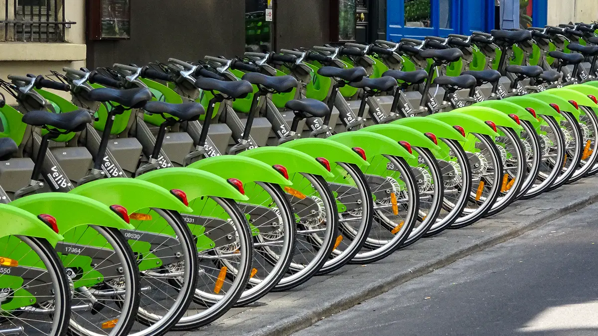 Velib Metropole bicycles for hire in Paris, France.