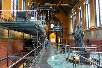 Exhibition structure in chapel at Musee des Arts et Metiers