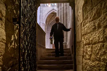 Durant Imboden on stairs leading to crypt in Saint Denis Basilica Cathedral