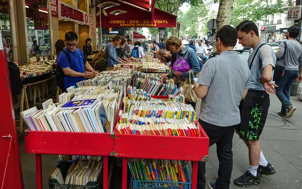 Outdoor bookstore tables on the Boulevard St-Michel in Paris.