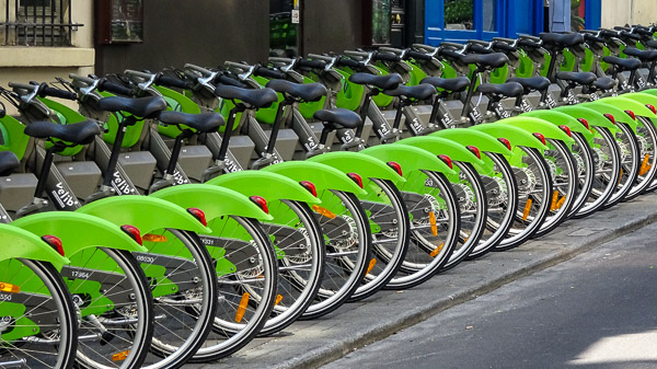 Vélib Métropole bicycles in Paris, France.