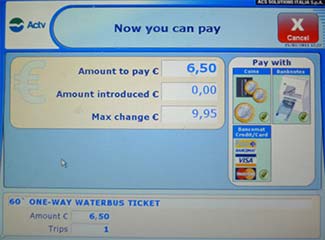 ACTV ticket machine payment screen