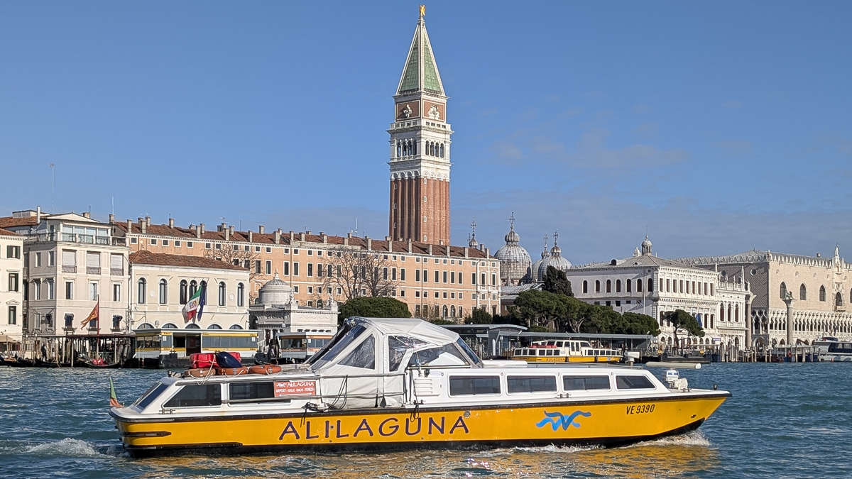 An Alilaguna Orange Line airport boat in Venice, Italy.