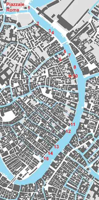 Grand Canal map with Venice hotels from Piazzale Roma to Rialto Bridge
